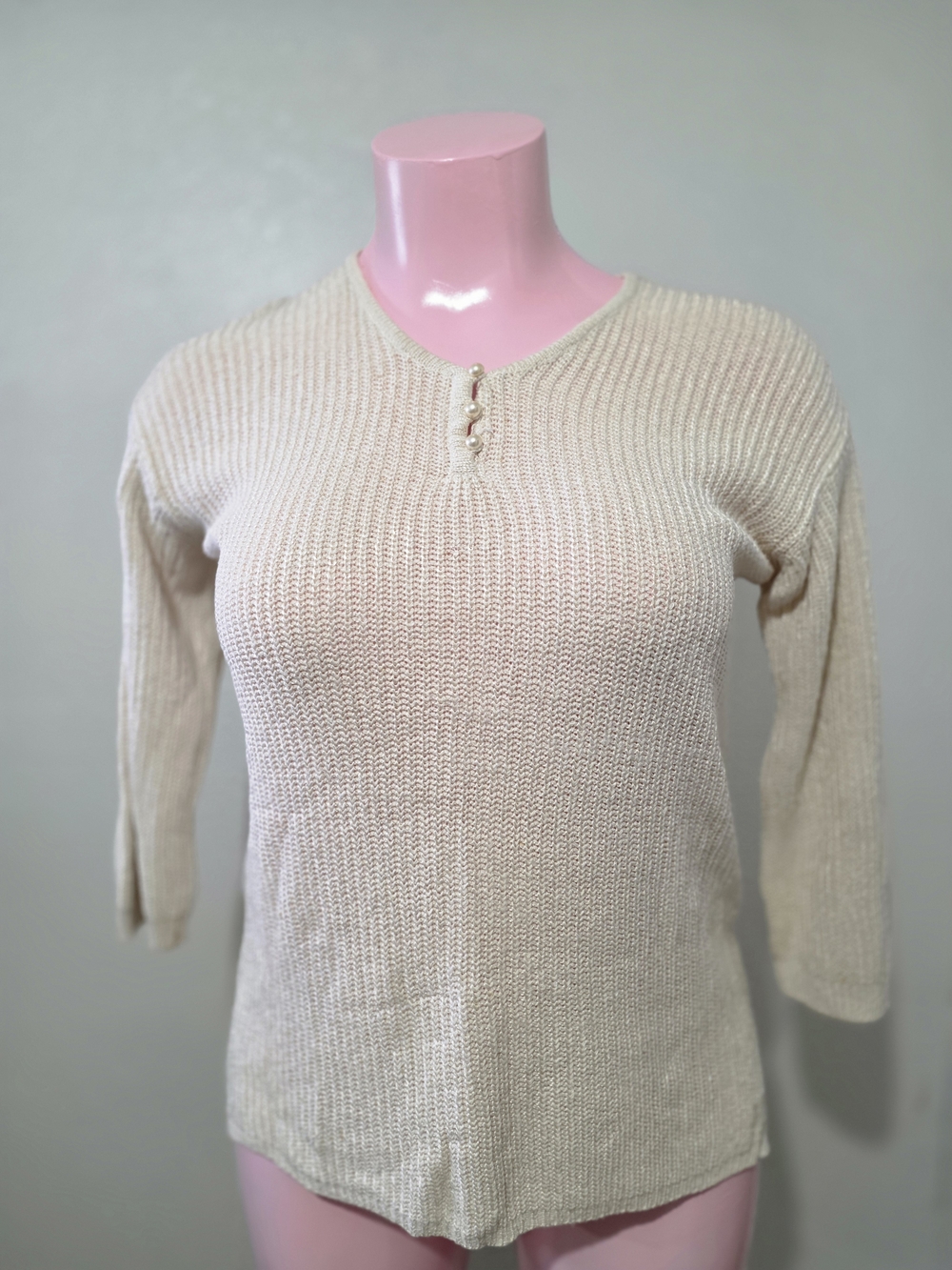 Christina Cream Knit Sweater with Pearl Accents-Size Large